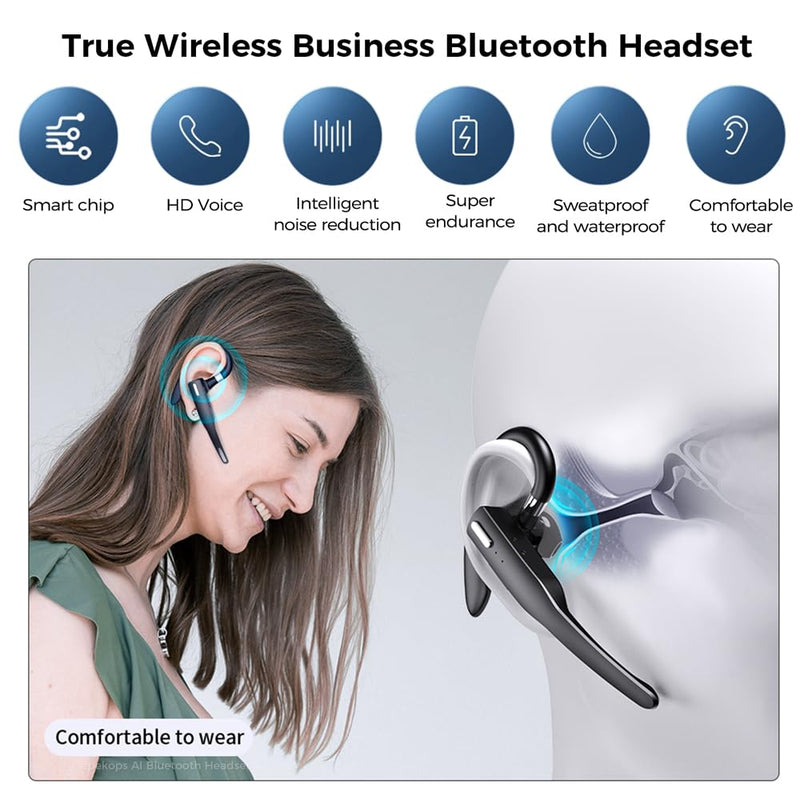 AI Bluetooth Headset Wireless Bluetooth Headphone Earphone Earpiece with Translation, Noise Cancelling, Last 72H, Single-Ear Earbuds with Microphone, for Phone/PC/Laptop, Daily/Office/Trucker Classic Black