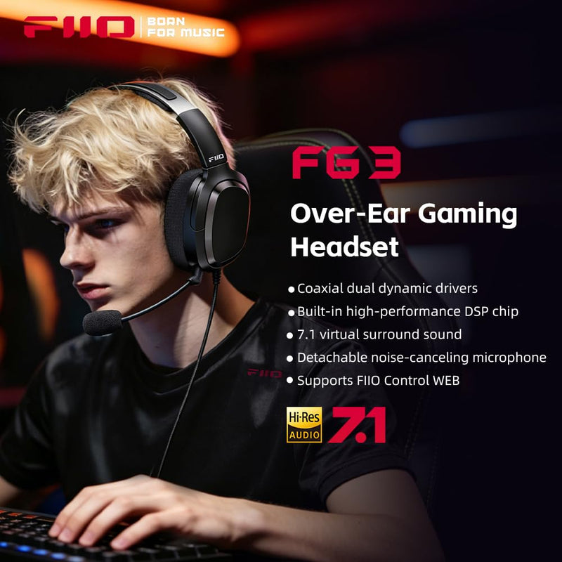 FiiO FG3 Gaming Headset, Dual Dynamic Driver USB Headphones with Detachable ENC Microphone, Virtual 7.1 Surround Sound, Hi-Res DAC, DSP EQ, Compatible with PC, PS5, Xbox & Switch Black