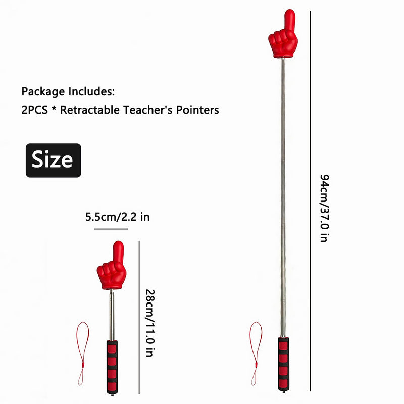 2pcs Extendable Finger Pointer Stick, Red, 11"-37", with Soft Grip Handle, Teacher Hand Pointer for Classroom,Teaching and Presentation, Telescoping Click Stick, Teacher Supplies
