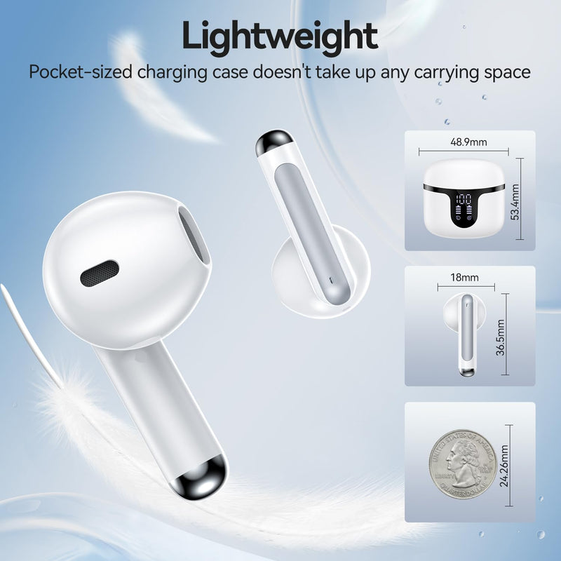 Wireless Earbuds, Bluetooth 5.4 Headphones HiFi Stereo with 4 HD Mic, 50H Playtime Bluetooth Earbuds with Dual LED Display, IPX7 Waterproof Wireless Earphones, Touch Control Ear Buds,USB-C,White White