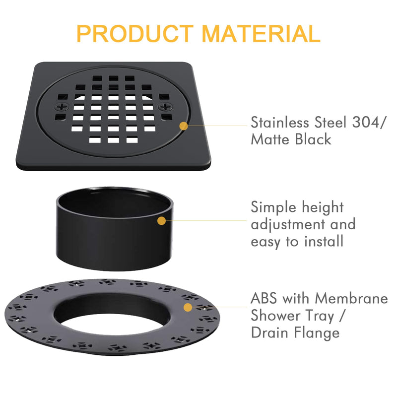4" Square Shower Drain Grate Replacement Kit - SUS 304 Stainless Steel Removable Drain Cover Compatible with Schluter Kerdi-Drain Flange, CUPC Certified Bathroom Floor Drain (Matte Black) ‌
