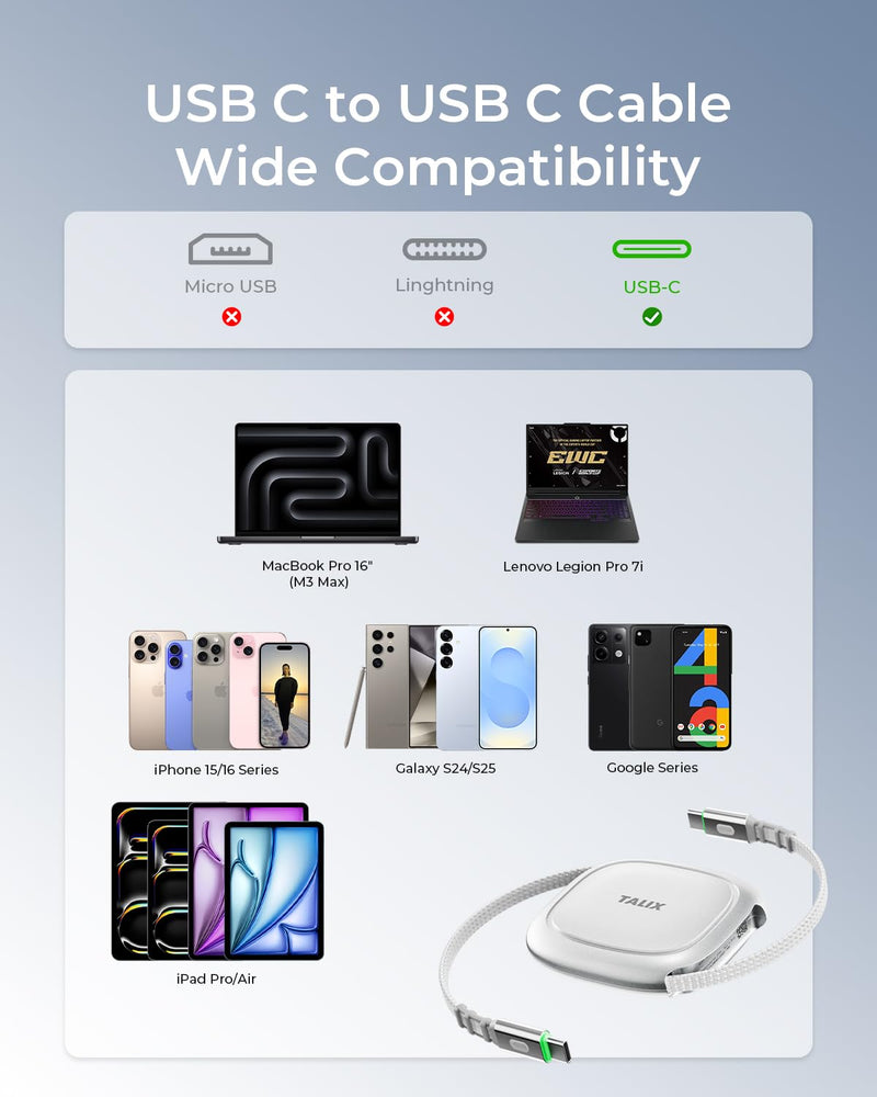 TALIX 240W Retractable USB C to USB C Cable, PD 3.2 Fast Charging-4.92FT | Mag Snap Storage, E-Marker Chip, Anti-Tangle Retractable Cord for Travel, MacBook, iPhone 17, Samsung S25 4.92 Feet