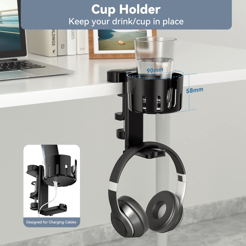 KDD Rotatable Headphone Hanger - 3 in 1 Under Desk Clamp Controller Stand Replaceable Cup Holder - Compatible with Universal Headset, Controller, Cup(Black) Black