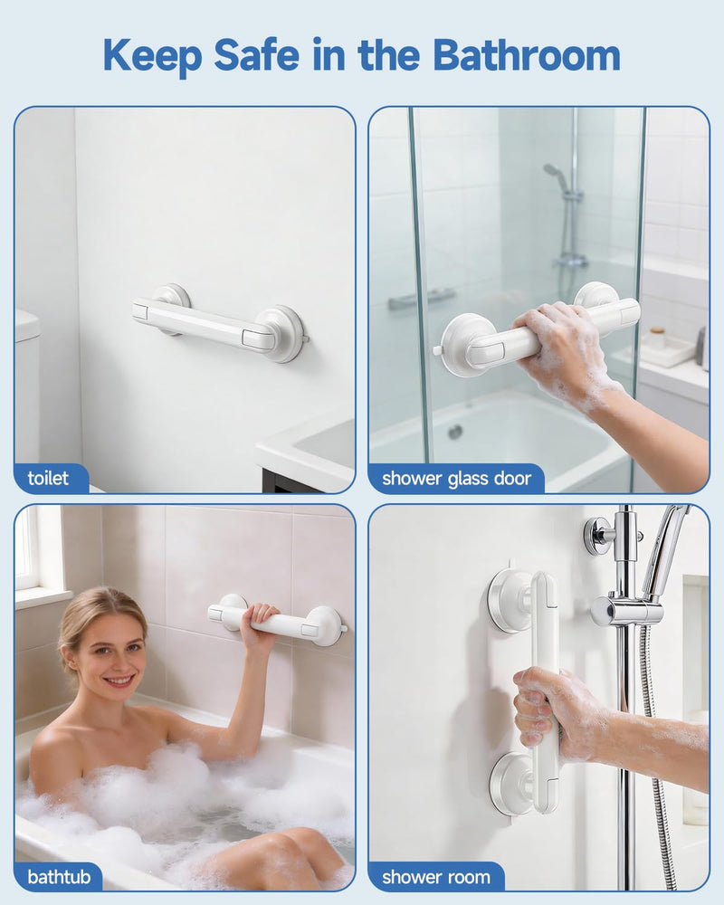 Suction Shower Handle, 2 Pack Grab Bars for Shower and Bathroom, Removable Safety Grip No Drilling & Waterproof, Heavy Duty Suction Cup Bath Handrails Grab Bars for Bathtubs, 11 inch - White