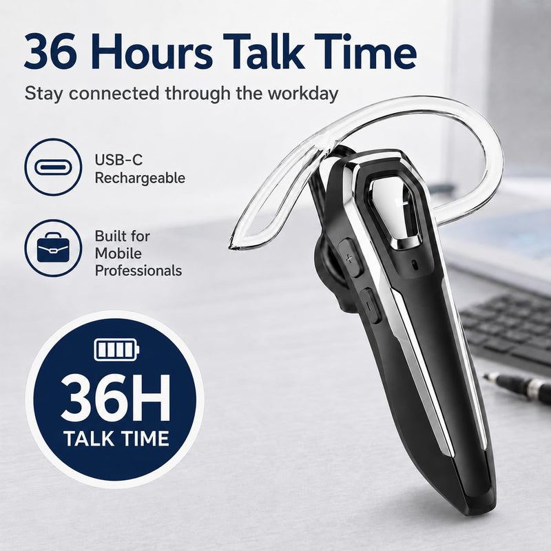 Sliver Bluetooth Earpiece with Mic, Mono Wireless Headset, 30H Call Time, Dual MEMS Mics, Mute Button, USB-C Charging, Voice Assistant, for Office Driving Cell Phones