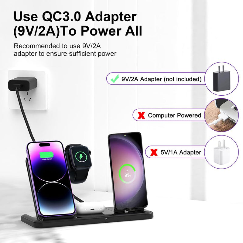 Wireless Charger for Dual iPhones, 4 in 1 Foldable Fast Charging Station for iPhone17/16/15/14/13/12 Pro Max Plus,for samsang Devices,Charging Stand for Apple Watch 11/10/9/8/2-7 AirPods Black