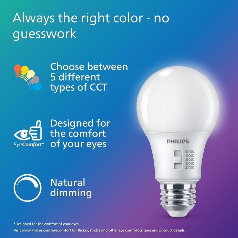 PHILIPS LED 60W A19 12-Pack Selectable White Multi-CCT 800 Lumen (8W = 60W) Dimmable Frosted Flicker-Free Light Bulbs