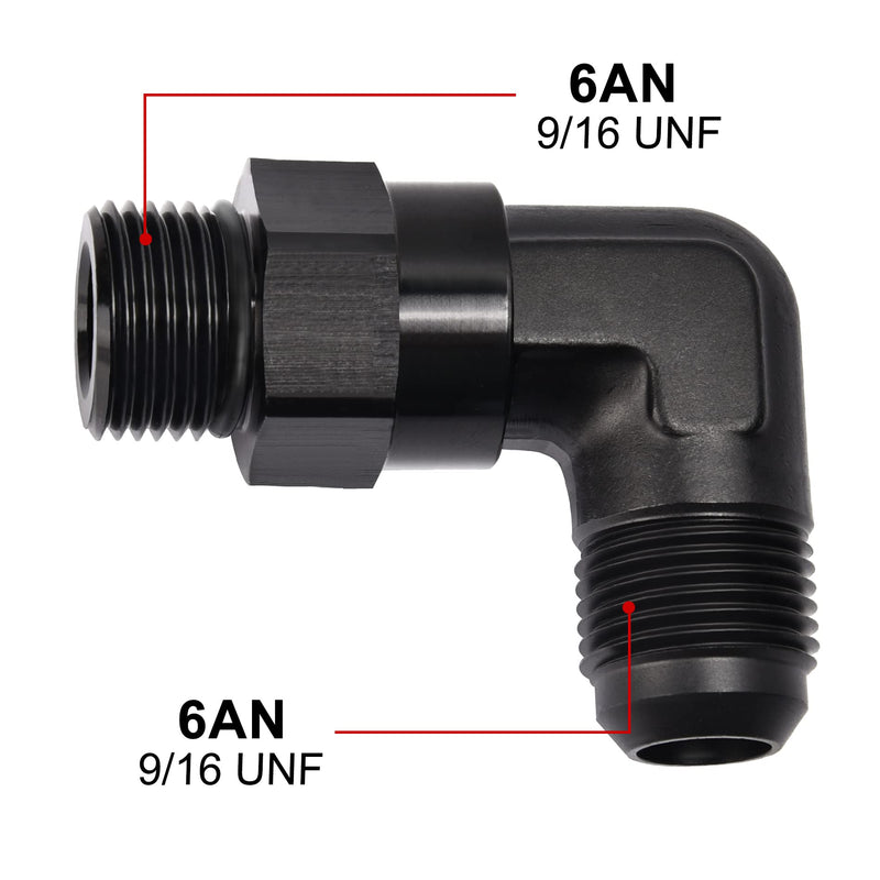 EVIL ENERGY 6AN Flare to 6AN ORB Male Swivel Adapter Fitting 90 Degree Black 6AN ORB to 6AN