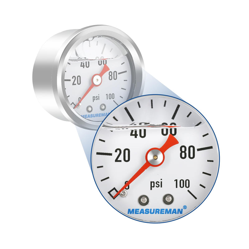 MEASUREMAN 1.5" Liquid Filled Fuel Pressure Gauge, 0-100 PSI Range for Accurate Tuning - Stainless Steel Case with a 1/16" NPT Center Back Mount