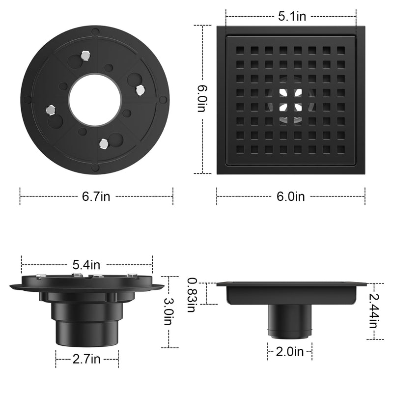 EXF 6-Inch Square Shower Drain with ABS Flange Base, Matte Black 304 Stainless Steel Floor Drain, Removable Grate and Hair Strainer for Modern Bathroom Remodels and Curbless Showers 6IN
