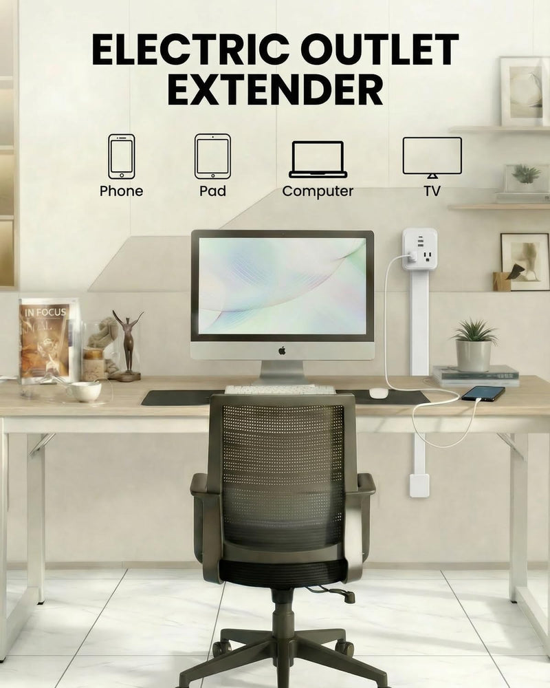 Outlet Extender Stick 17.2''–25.8'' Adjustable with USB C & 2 USB Ports, Electrical Outlet Extender with 2 AC Outlets, Flexible Rotat Plug for Multi-Angle Use in Home, Office, RV Tight Spaces White