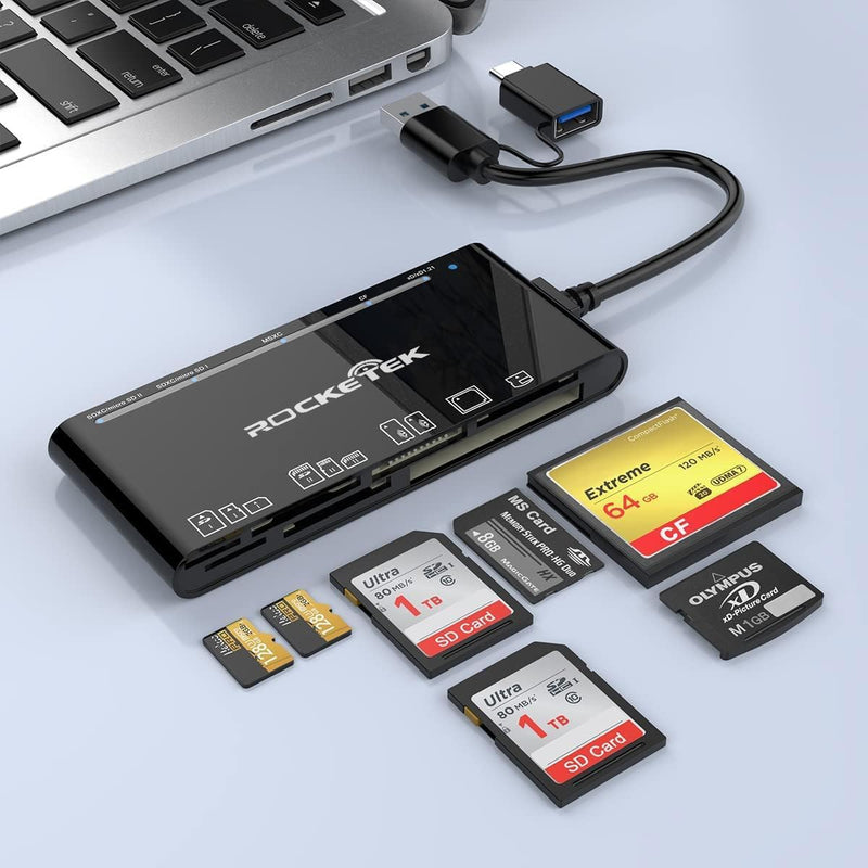 USB C Memory Card Reader, USB 3.0 7-in-1 SD CF XD MS Card Reader | Dual USB-A & USB-C Multi Card Adapter for SD, Micro SD, CF, XD & MS Cards, 5Gbps Data Transfer, Plug & Play Black