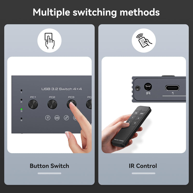 USB 3.2 Switch Selector 4 Computers Share 1 USBC & 3 USBA Devices 10Gbps 4 Port USB Switcher Sharing Keyboard Mouse Printer Scanner with Cable and Remote Control and a dapter USB 3.2