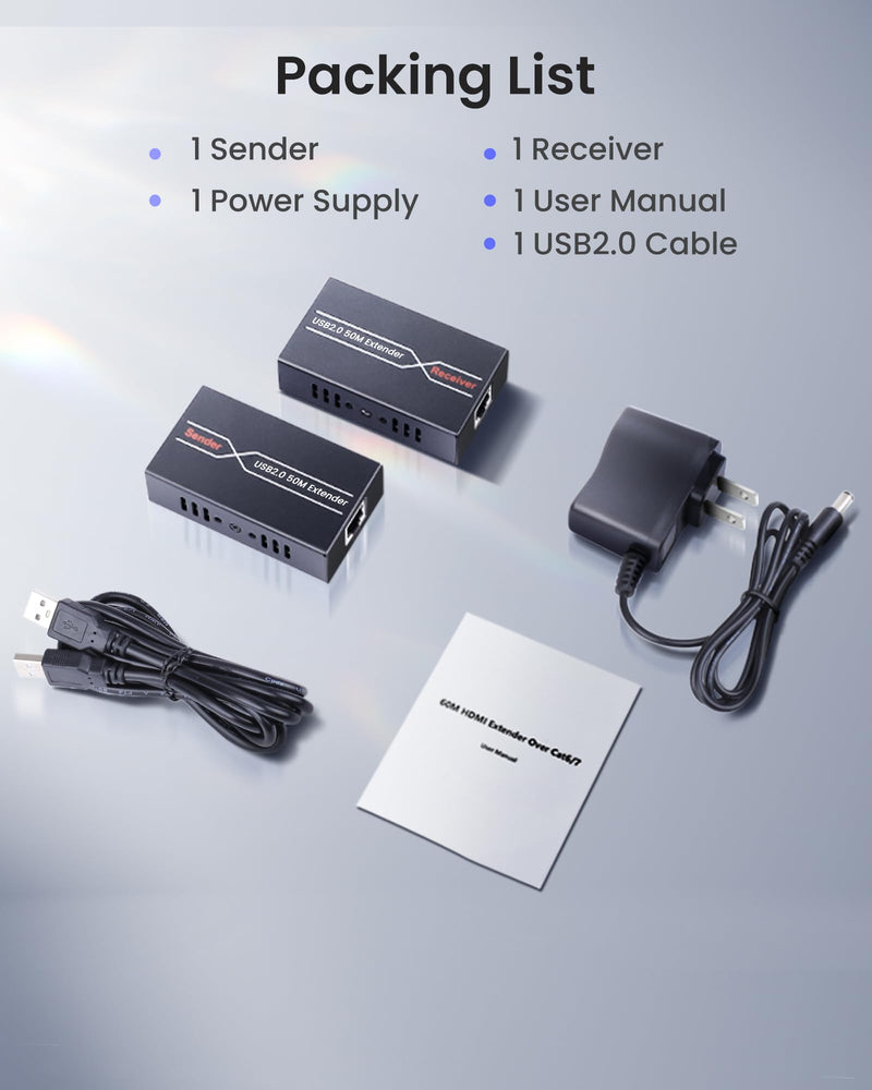 avedio links 164ft/50m USB Extender Over Cat6/7, 4 USB 2.0 Ports Single Ethernet Extender with POC Power Supply, ESD Protection, Plug and Play for Webcam, Keyboard, Mouse, Printer USB2.0 Extender 164ft/50m