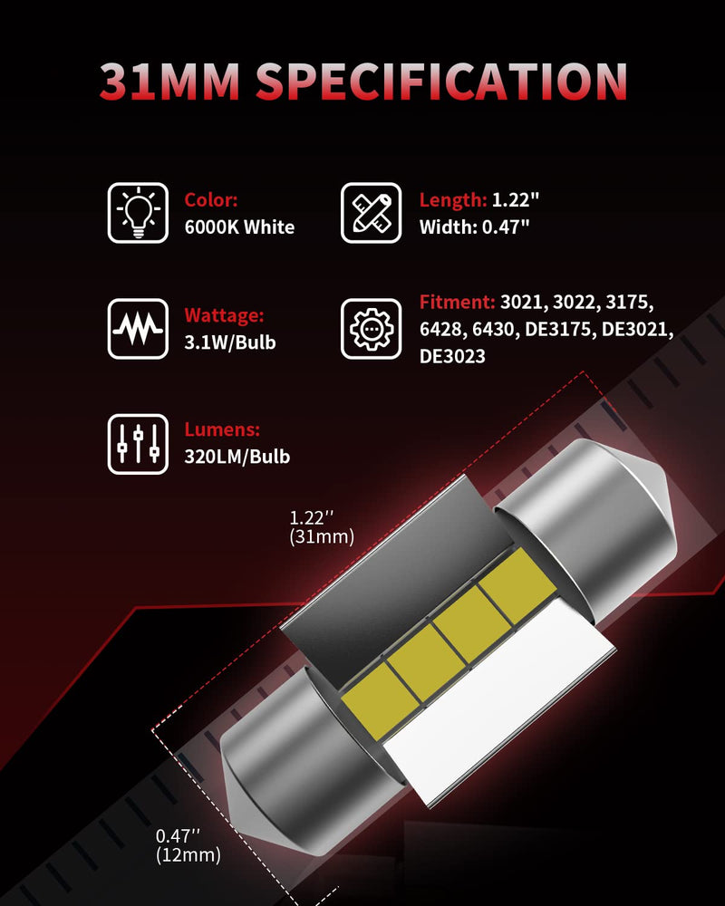 LASFIT Bright 31mm LED Festoon 30MM DE3175 DE3021 6428 DE3022 DE3023 Bulb Canbus Error Free 400LM 6000K Extremely Bright Use for Dome Map Door Interior Door Trunk Glove Box Lights, Xenon White (2pcs) 1 pair 31mm