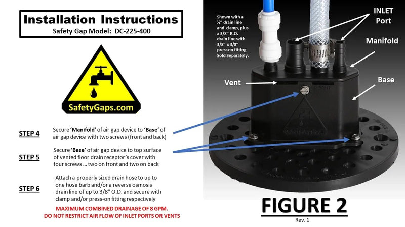 Water Softener Air Gap with 3/8", 1/2" and 5/8" Hose Inlet Ports with Adjustable Height for Floor Drain Cover (Safety Gaps Model Number: DC-225-400 Black)