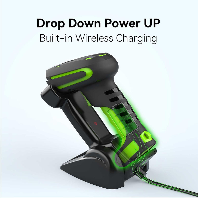 Alacrity Upgraded 2D Industrial Barcode Scanner with Wireless Charging Stand, 1968 Feet Transmission Distance 433Mhz Wireless & Bluetooth 2in1 Barcode Reader, Shock Dust Proof Hands Free, Green Chartreuse