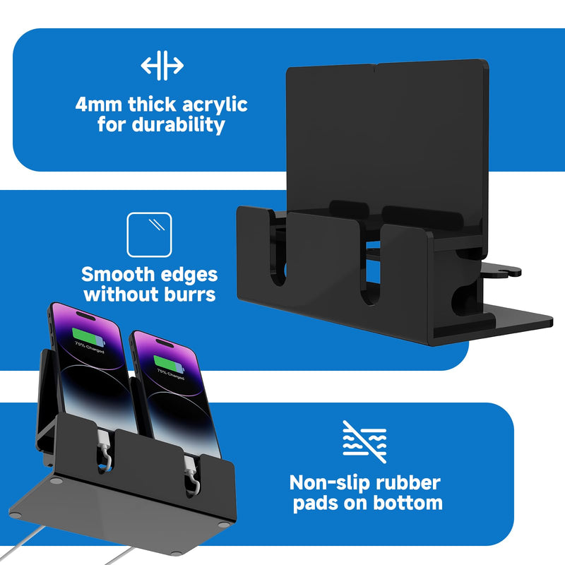 Dual Phone Holder Organizer Stand for 2 Phones, Acrylic Desktop Universal Mobile Phone Docking Station Charger Holder with Cable Management, Black