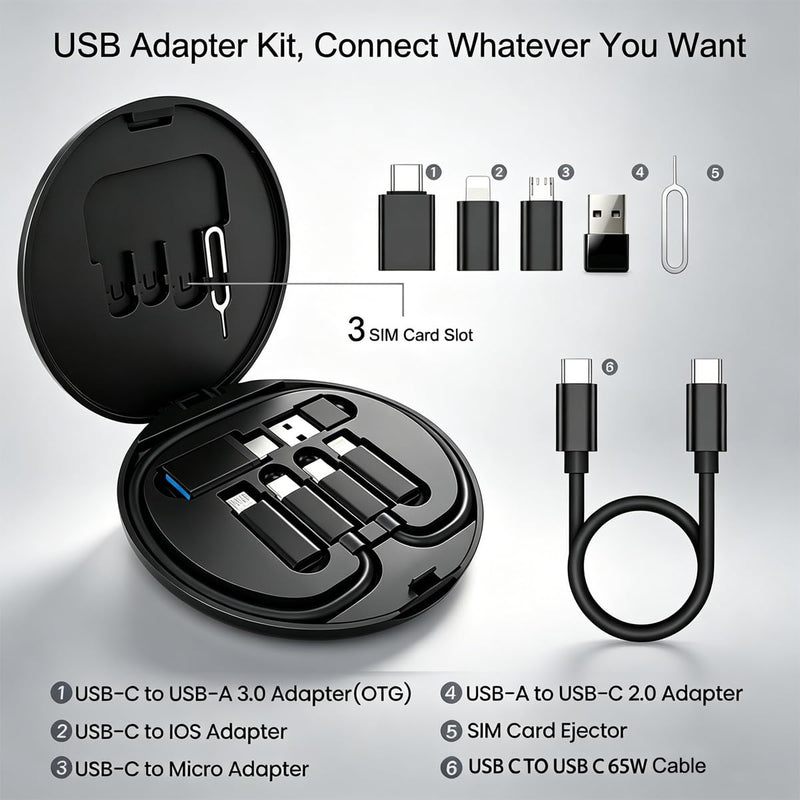 USB Adapter Kit With USB C 3.0 OTG， USB to USB C Adapter，USB C to iOS, Micro USB to USB C Adapter，Multi 1FT USB C Charging Cable Kit (6 in 1) with Card Storage, Eject Pin, Esp. For Travel (Black) Black