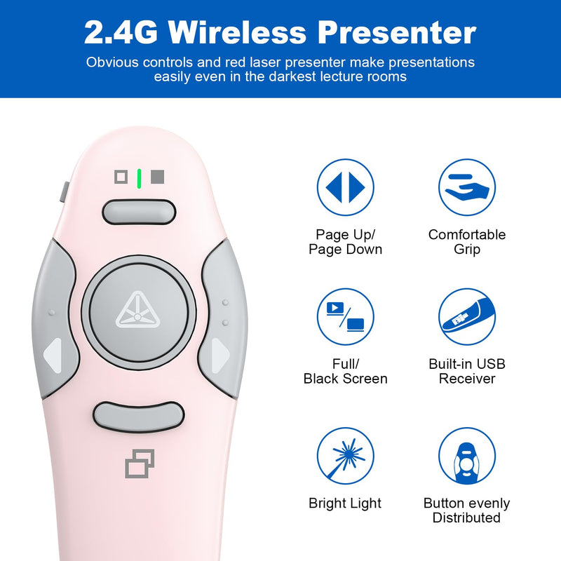 QUI Presentation Clicker Wireless Presenter Remote Clicker for PowerPoint Presentation Remote, PowerPoint Slide Advancer for Mac/Windows/Linux, Google Slide/PPT/Keynote, USB, Pink Small(USB)