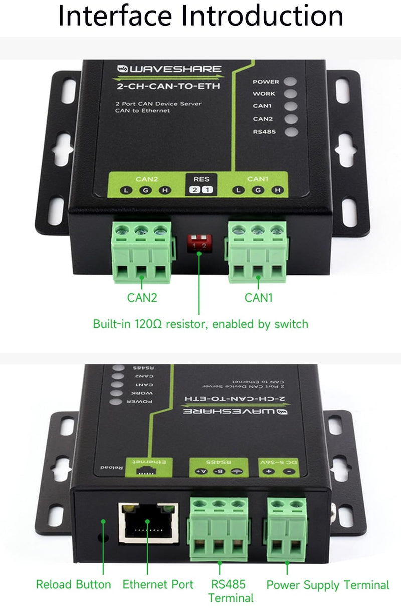 Industrial Grade 2-Ch CAN to Ethernet Server, 2-Ch CAN + RS485 + Ethernet Port, Supports Can to ETH and RS485, CAN Repeater, Dual Socket Aluminium Alloy Case, Wall-Mount Support