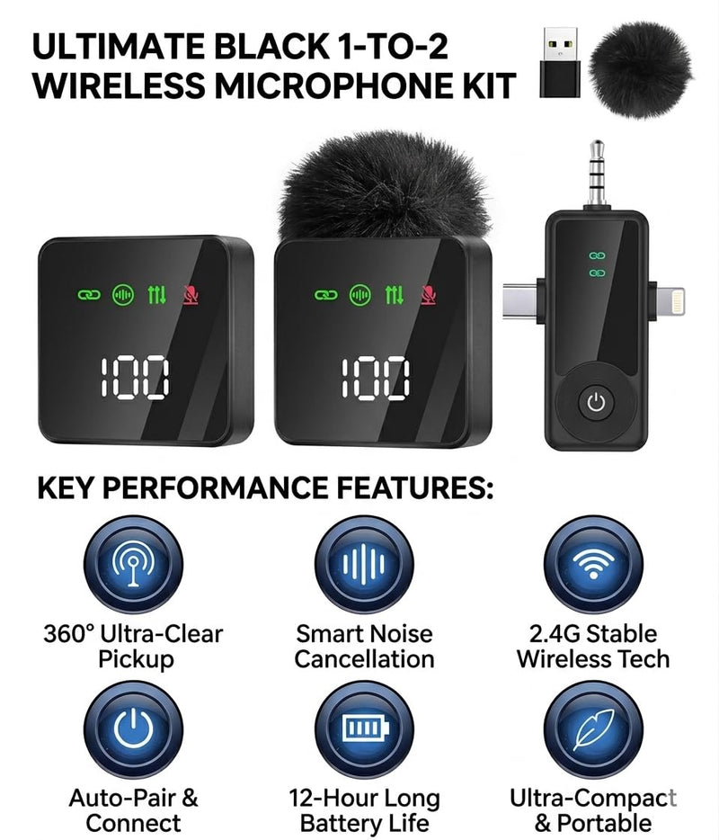 2.4GHz Wireless Lavalier Microphone, 70dB SNR Noise Cancelling Lapel Mic, 3-in-1 Plug & Play Mic for iPhone Android Camera, 20H Battery, Ideal for Vlogging Podcast Live Stream