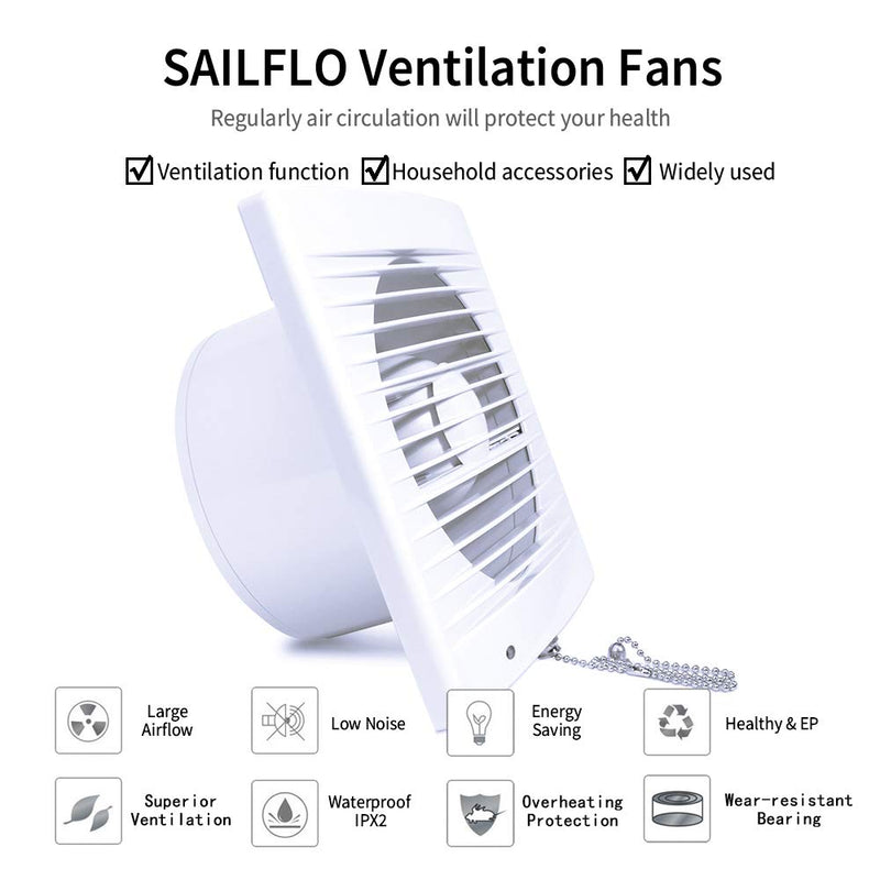 4 Inch Wall-Mounted Exhaust Fan, 12W Ventilation Extractor with Anti-backflow Check Valve Chain Switch for Window Duct Glass Grow Tent Bathroom Vents - 6"×6" Grid Panel - Small Size Φ4 Inch with Rope Switch