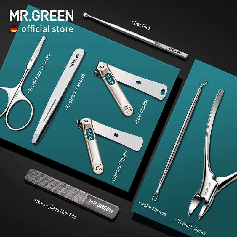 MR.GREEN Manicure Sets Pedicure Kits Stainless Steel Nail Clipper Personal Care Tools with PU Leather Case (Gray) Gray