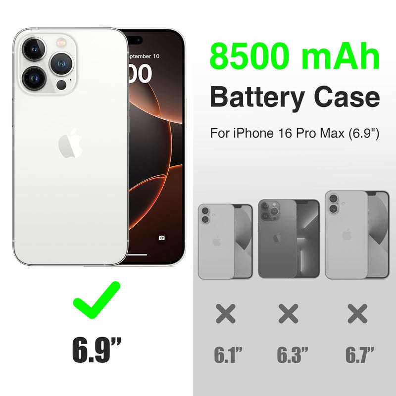 GIN FOXI Battery Case for iPhone 16 Pro Max,Rechargeable Charging Case Charger 8500mAh Ultra-Slim Lightweight 15W Fast Battery Pack Anti-Fall TPU Juice Box for 16 Pro Max (6.9 inch) Black