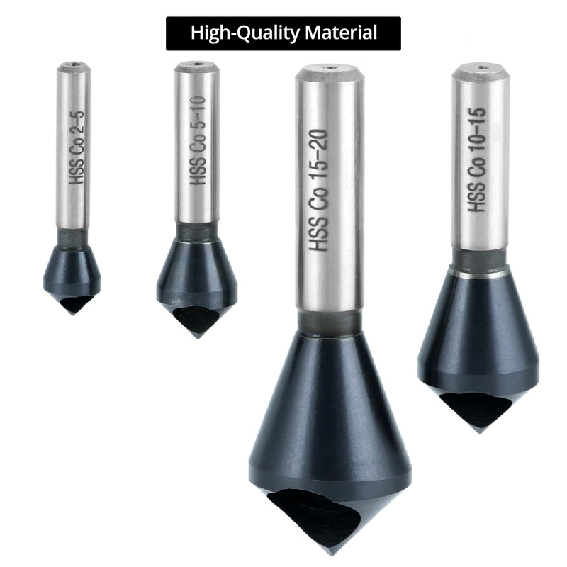 QWORK 4PCS Cobalt Single-End Countersink Chamfer Tool Set, M35 High-Speed Steel, 90° Cutting Angle