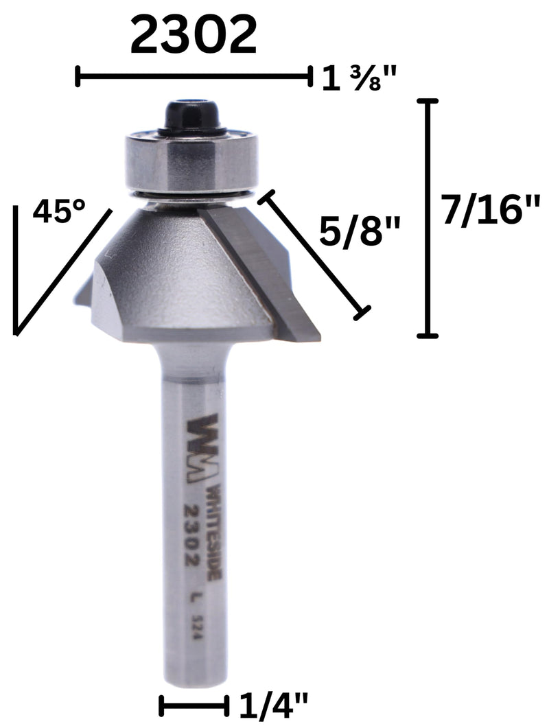 Whiteside 2302 45 Degree Chamfer Router Bit: 45 Degree Angle, 5/8 Inch Cutting Length, 7/16 Inch Cutting Height, 1/4 Inch Shank,1-3/8 Inch Large Diameter