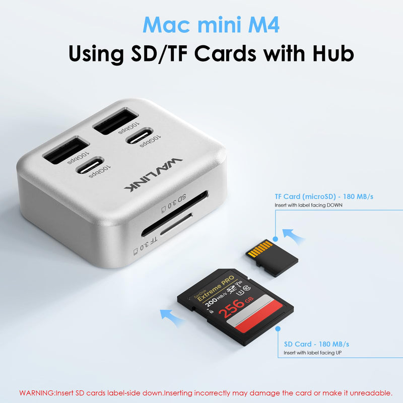 Mac mini M4 Hub, WAVLINK 6-Port Mac mini Hub | 2*10G USB-C, 2*10G USB-A,SD3.0 Card Reader, High-Speed Data Transfer & Multi-Device Connectivity for Mac mini M4 and M4 Pro