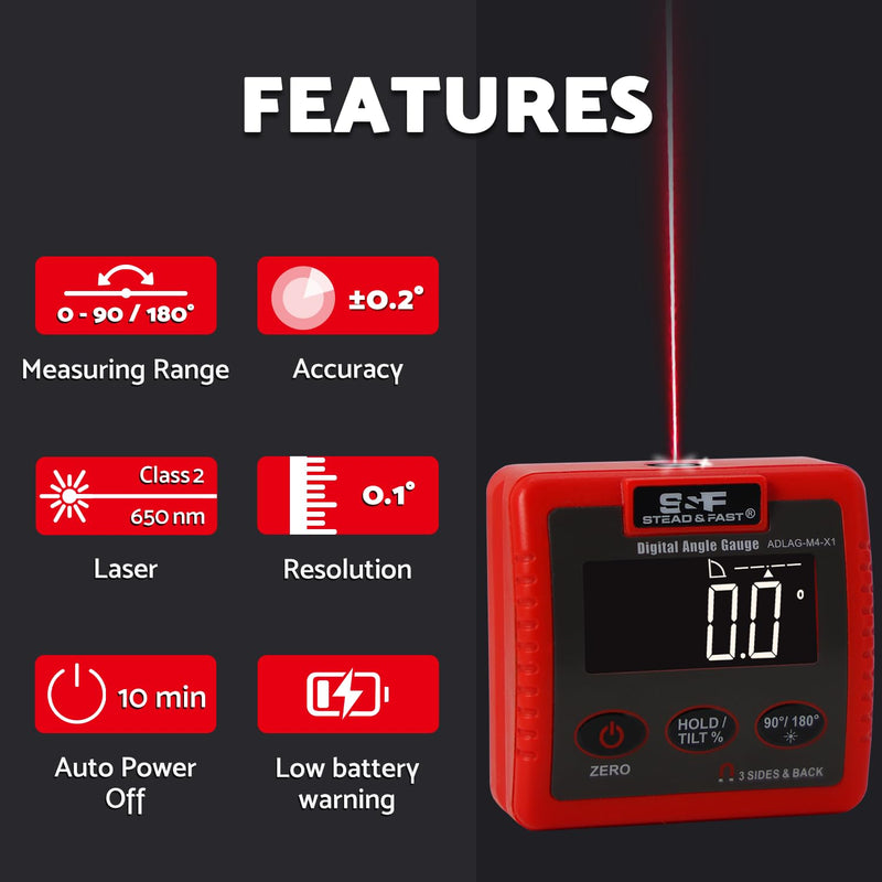 S&F STEAD & FAST Digital Angle Finder Magnetic with Extra Large LCD Display | 4-Sided Strong Magnet, V-GROOVE, Adjustable auto power-off, Auto‑invert display, Laser, Case, for Table Saw & Electrical Work
