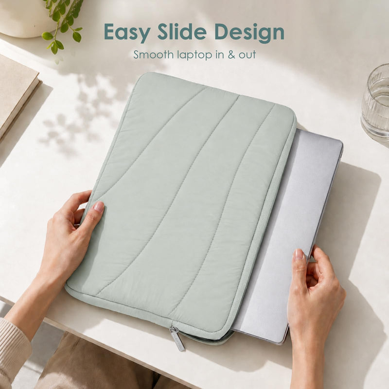 LENTION 14" Cloud Puffy Laptop Sleeve, Water-Resistant Shock-Absorbing Case | Velvet Inner Lining, Slim Portable Design, Minimalist Sage Gray Compatible with 13-14 Inch Laptops for Daily Commute & Travel