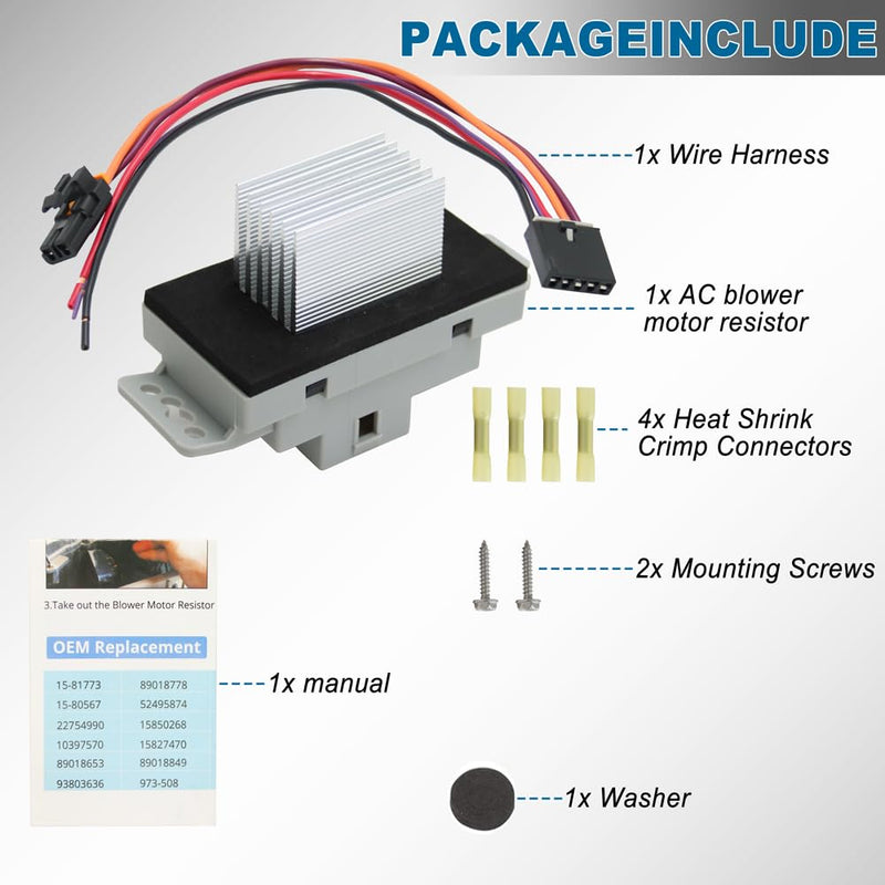 HVAC Blower Motor Resistor Kit Compatible with Chevy, GMC - Silverado, Tahoe, Suburban, Avalanche, Sierra, Yukon XL Rplace# 15-81773, 15-80567, 89018778, 89019351, 19260762