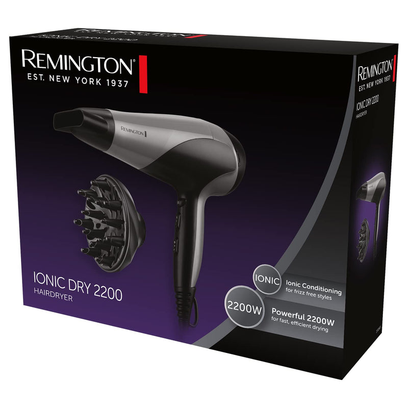 Remington Ionic Dry Hair Dryer 2200W, Silver, Diffuser, 3 Heat Settings | Includes Concentrator, Cool Shot Feature, D3190S Model, Ionic Conditioning, 2 Speed Settings for Versatile Styling