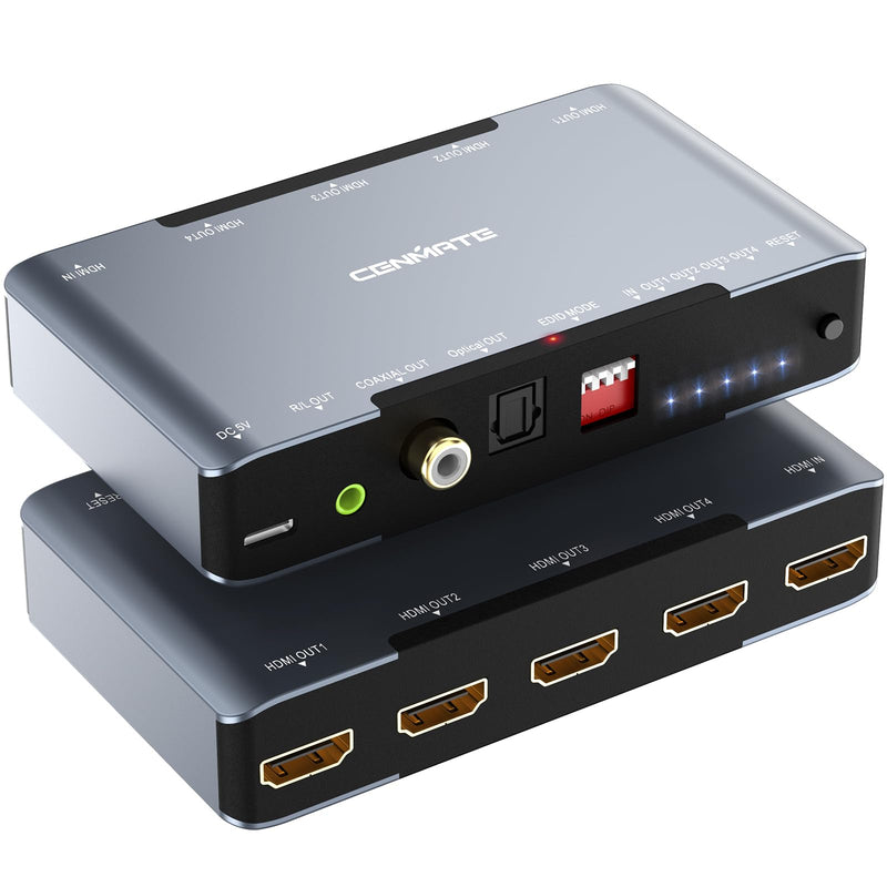 8K@60Hz HDMI Splitter 1 in 4 out, HDMI 2.1 Splitter Supports 4K@120Hz, EDID, 48 Gbps, VRR, 3D, HDR, HDR 10, HDCP, Dolby Atmos, Audio Extractor 8K 1 IN 4 Out