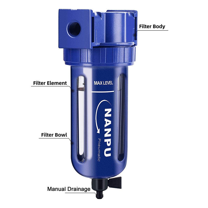 NANPU 1/4" NPT Compressed Air Filter, Zinc Alloy, 5 Micron Brass Element, Quick Release Bowl, Manual Drain, for Air Compressor ＆ Pneumatic Tools 1/4“ NPT