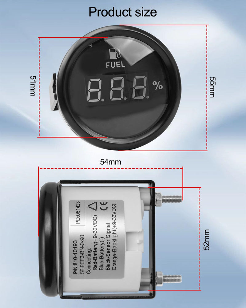 0-90 ohm Marine Fuel Gauge, Waterproof Boat Fuel Level Gauge, Gas Fuel Tank Meter Gauge for Car Boat RV Truck Vehicle, with 52mm Dial & LED Backlight & Digital Display with Digital Display