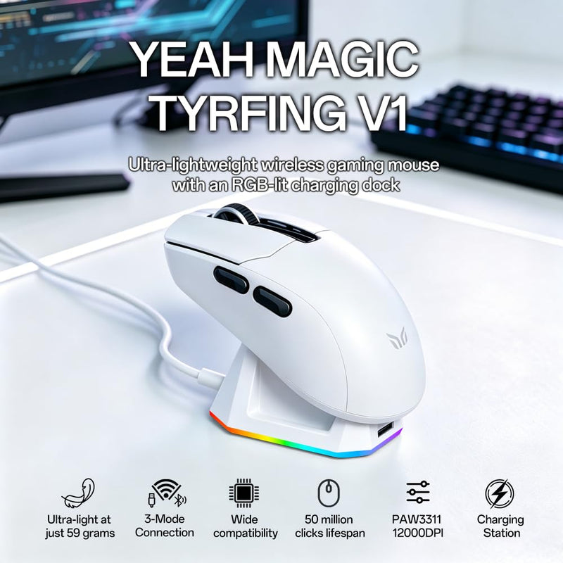 Tyrfing V1 Tri-Mode Wireless Gaming Mouse White | RGB Magnetic Charging Dock, Tri-Mode Wireless (BT/2.4G/USB-C), Ultra-Light 59g Design, USB-C Rechargeable,PAW 3311