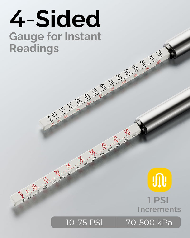 Pencil Tire Pressure Gauge 2 Pack with Valve Caps, Stainless Steel Body Tire Gauges for Tire Pressure with Deflator Valve, Metal Nozzle Tire Gauge for Cars, Pickups, RVs, Bicycles