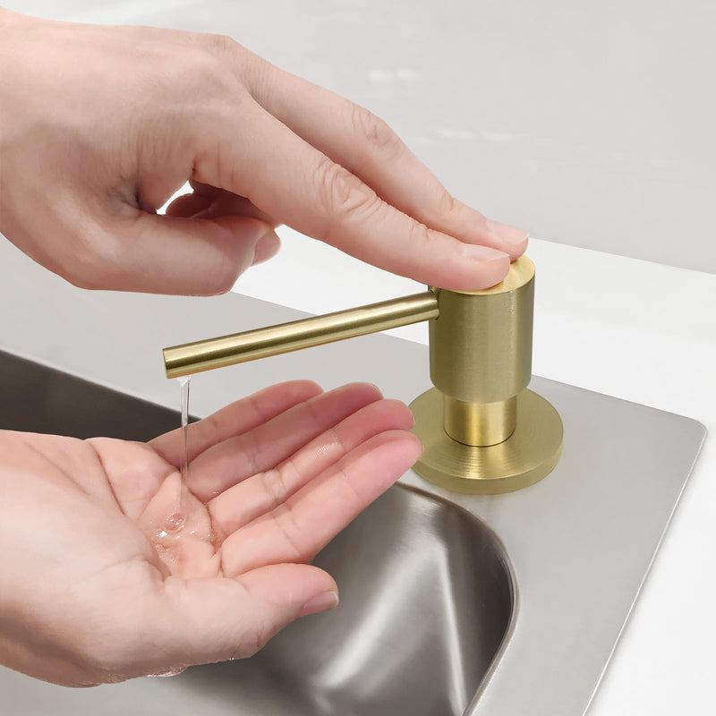 Brushed Gold All Brass Sink Soap Dispenser for Kitchen Sink Deck Mounted with 17 OZ Above The Sink Refillable PET Bottle Brass Pump Head in Counter Dish Soap Dispenser Brushed Gold Short Pump Head