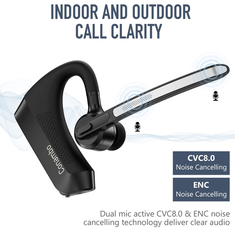 Conambo K21 Bluetooth Headset V5.1, Bluetooth Earpiece with CVC 8.0 Dual Mic Noise Cancelling Wireless Headphone - Mute & Volume Buttons 16Hrs Talking for iOS Android Cell Phone, Trucker, Office Work GREY