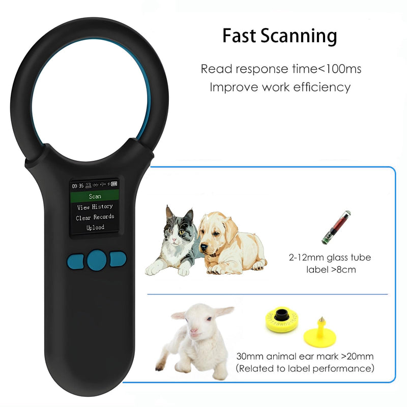 Pet Microchip Scanner, Animal Universal Microchip Tag Reader Scanner with 1.44” TFT Screen, 500 Pieces Data Storage, 800mAh Rechargeable Battery, 3-in-1 Connections Black