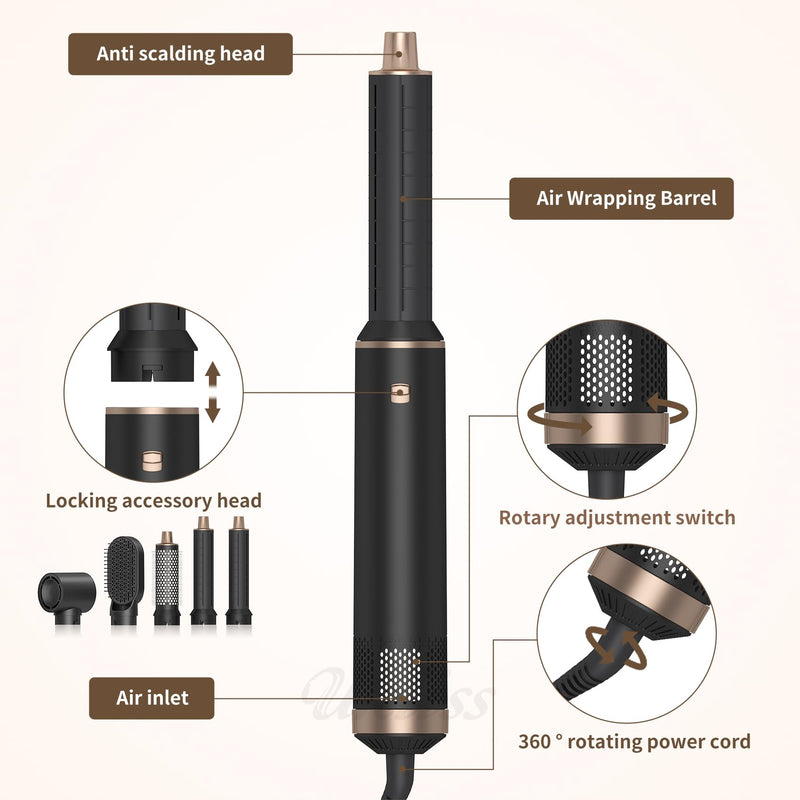  [AUSTRALIA] - 5 in 1 Air Styler and Hair Dryer Brush Set with Auto Curl Wand | Styles, dries, curls, straightens and adds volume with interchangeable heads for everyday hair styling