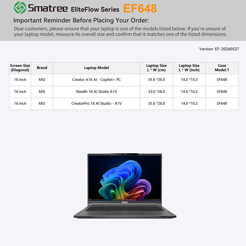 Smatree EliteFlow Laptop Sleeve Case for 16 inch MSI Creator A16-AI | for 16 inch MSI Creator A16-AI,Copilot+ PC,Stealth AI Studio A1V,CreatorPro AI Studio - A1V,with Accessory Pocket(EF648) Black for 16 inch Creator A16 AI/Stealth(EF648)