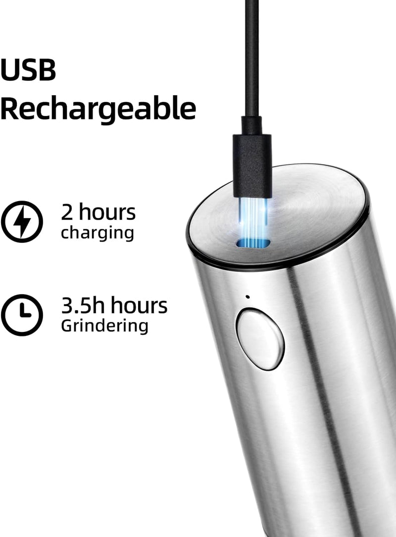 Electric Salt and Pepper Grinder Set, Pepper Mill With Adjustable Coarseness, 95ml Large Silo,Rechargeable Salt Pepper Shakers Steel Body with Ceramic Grinding Head, Brush, Visuable Window Led Light 2