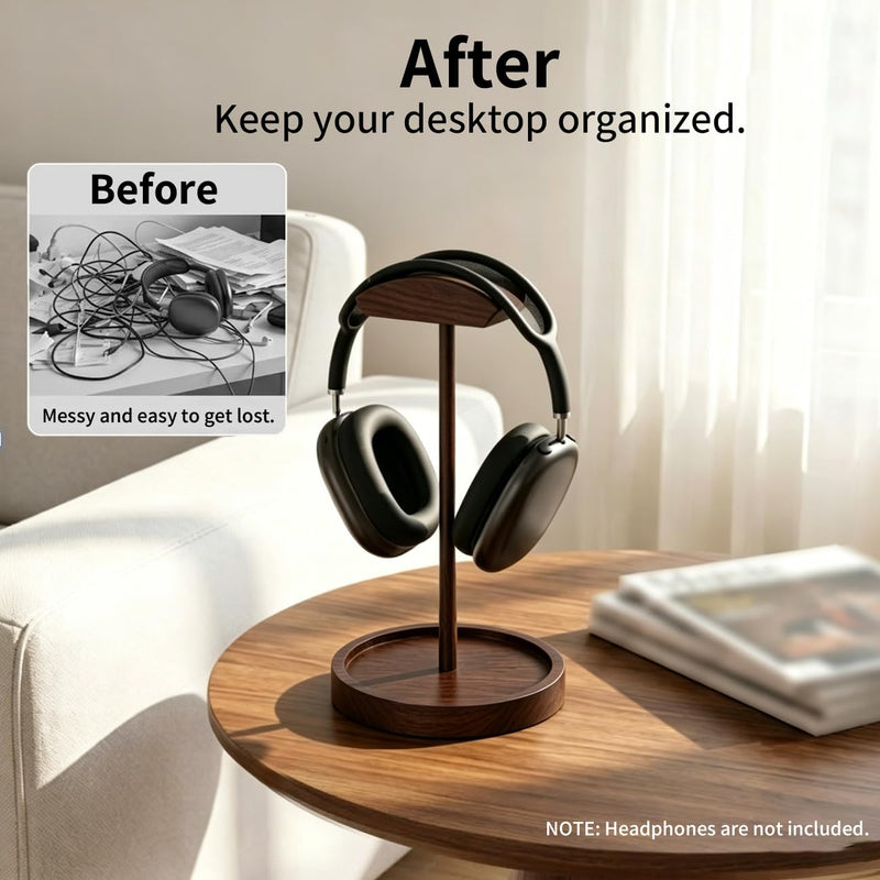 Headphone Stand Nature Wood Headset Hanger Mount Hook Gaming Holder Desktop Earphone Artful Functional Stand for All Headsets with Solid Wooden Base Walnut Storage Base