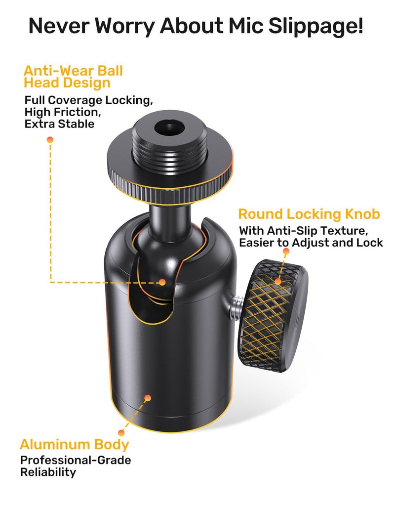 Ball and Socket Head Microphone Adapter with Angle Adjustment | 360° pan, 90° tilt, dual lock with texture, universal threads, aluminum, light & tool-free.