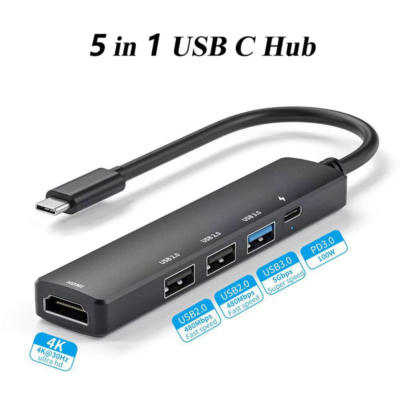 5 in 1 USB C Hub with 4K HDMI, PD 100W Fast Charging Type C Adapter, Multi-Port USB C Converter Compatible with Windows, MacOS, Linux sysytem; Support MacBook Air/Pro/ M1/ M2, Chromebook, XPS